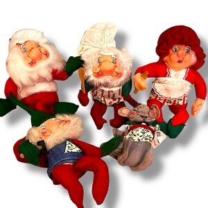 FIVE Rennoc Santakins Christmas Felt Doll Figures Vintage 1982 Santa Elves Mouse
